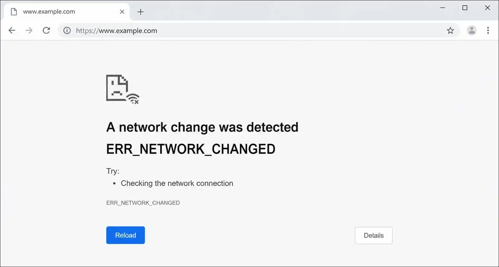 Chrome browser displaying ERR_NETWORK_CHANGED error message with A network change was detected text