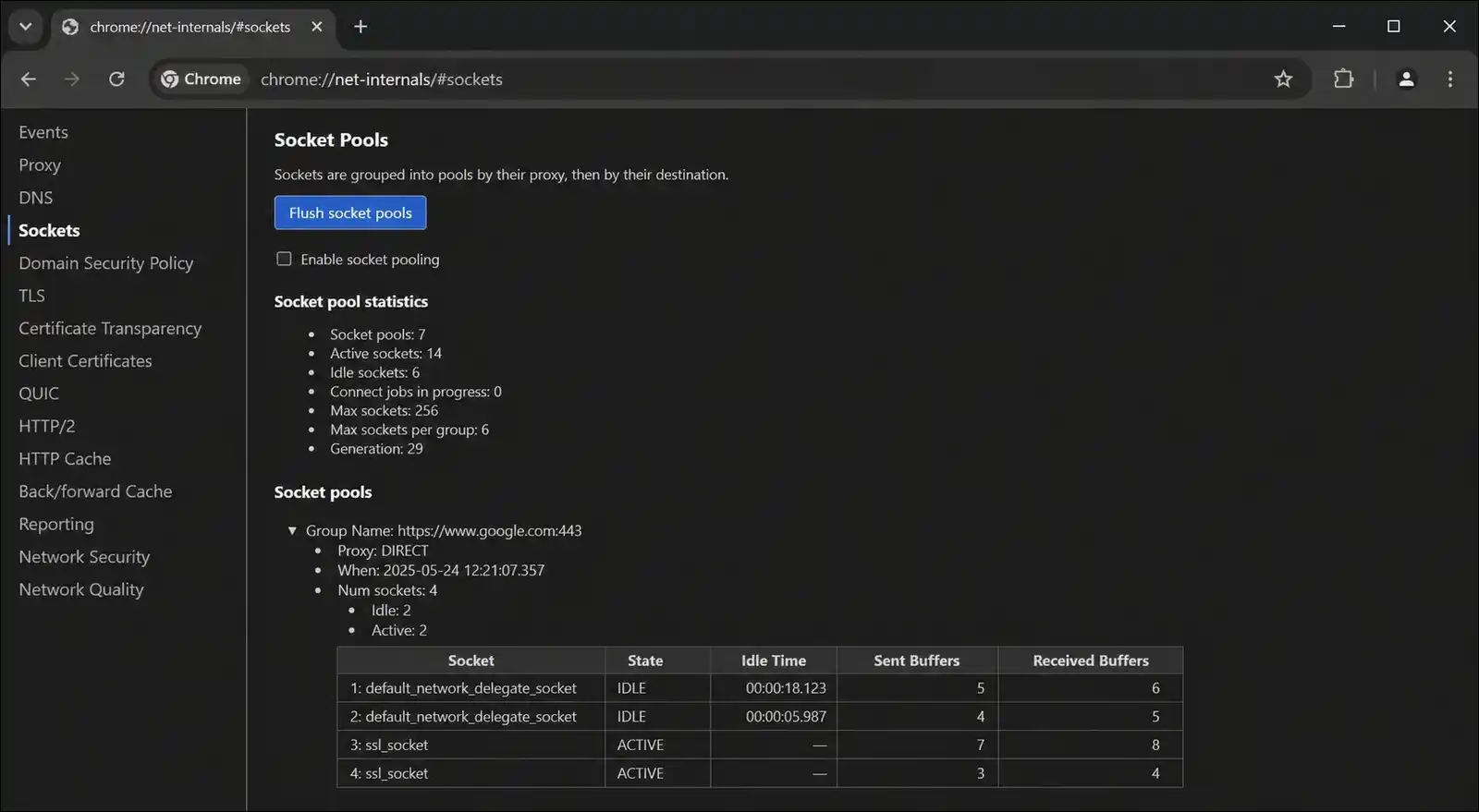 Chrome net-internals sockets page showing Flush socket pools button to fix ERR_NETWORK_CHANGED