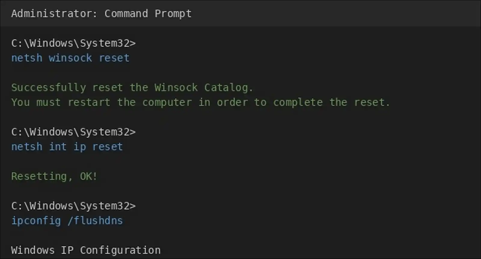 Running ipconfig flushdns and netsh winsock reset commands to fix ERR_CONNECTION_RESET