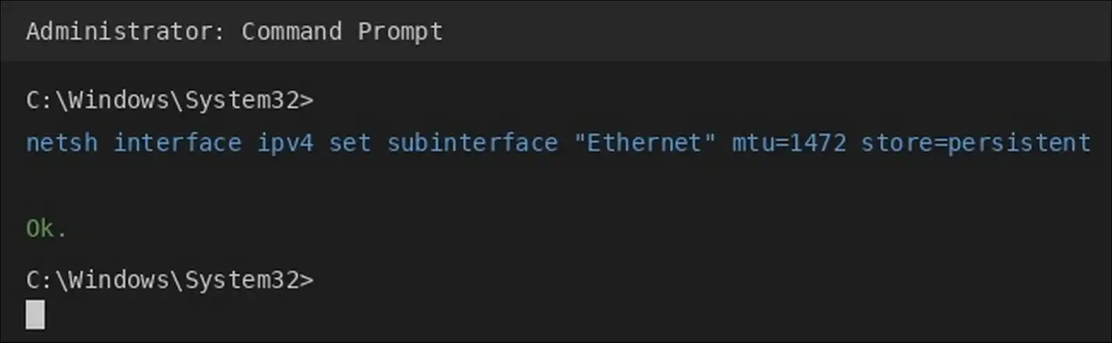 Adjusting MTU size to 1472 in Windows Command Prompt to fix ERR_CONNECTION_RESET during downloads