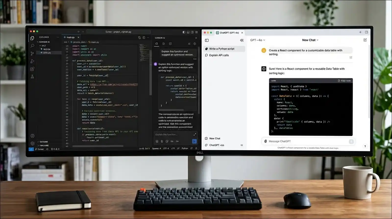 Cursor AI vs ChatGPT 2026 coding interfaces side by side.