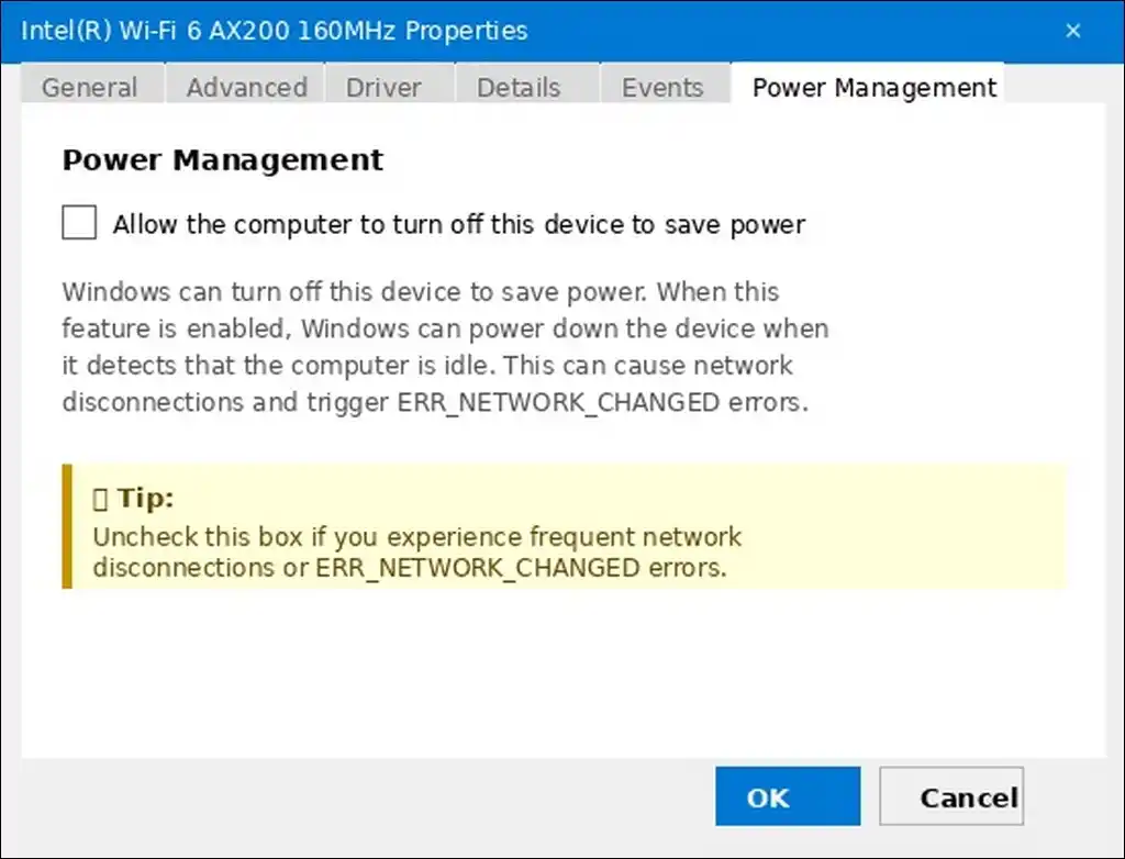 Device Manager wireless adapter power management settings