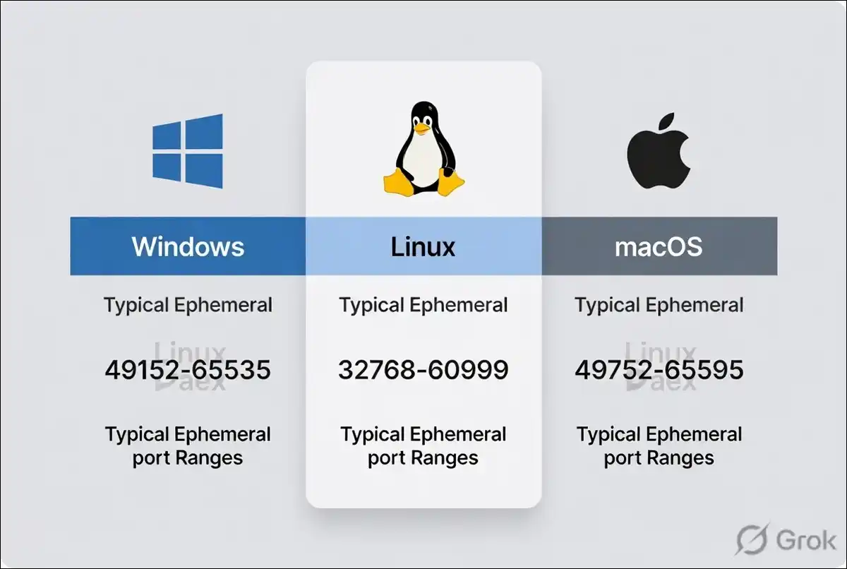 A comparison table of ephemeral port ranges on Windows, Linux, and macOS