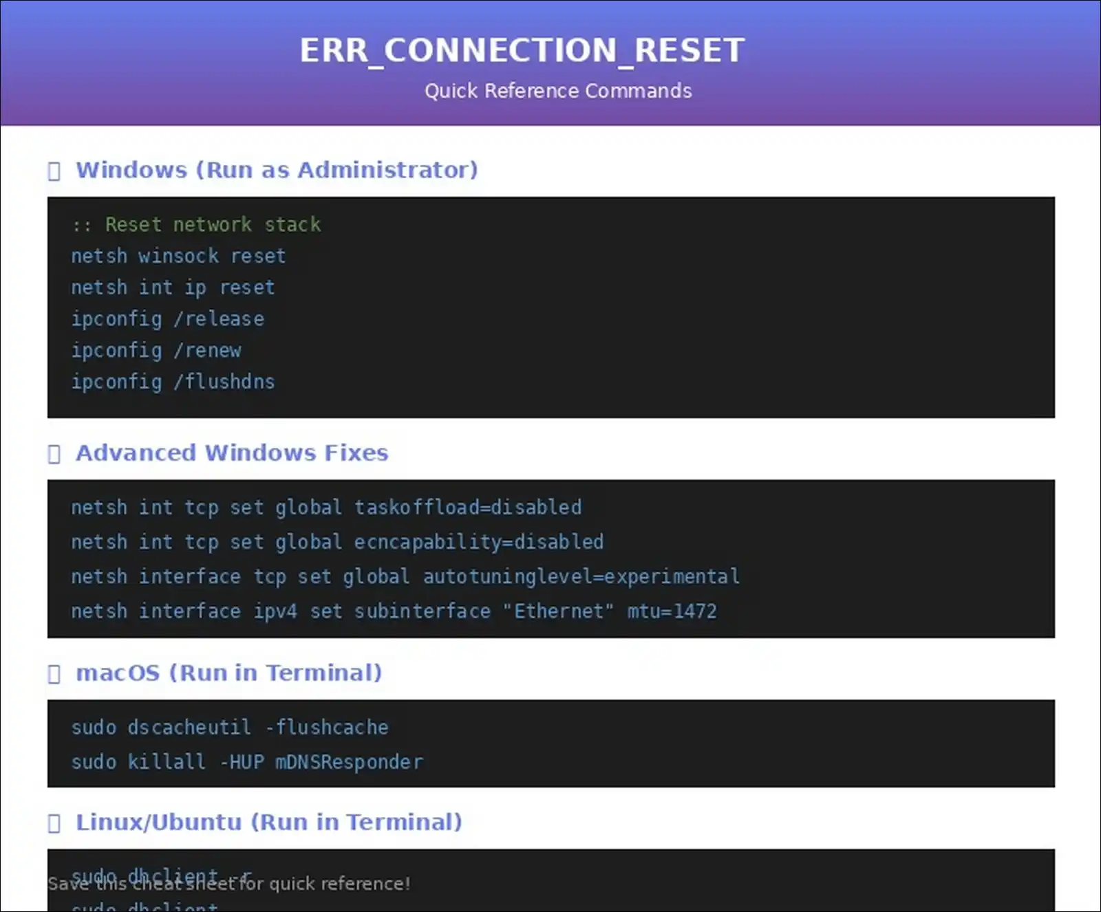 Quick reference cheat sheet showing all commands to fix ERR_CONNECTION_RESET on Windows, macOS, Linux, and Chrome browser