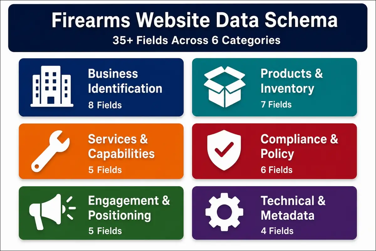 Firearms website data schema overview infographic showing 6 field categories with 35 plus fields including business identification, products, services, compliance, engagement, and technical metadata