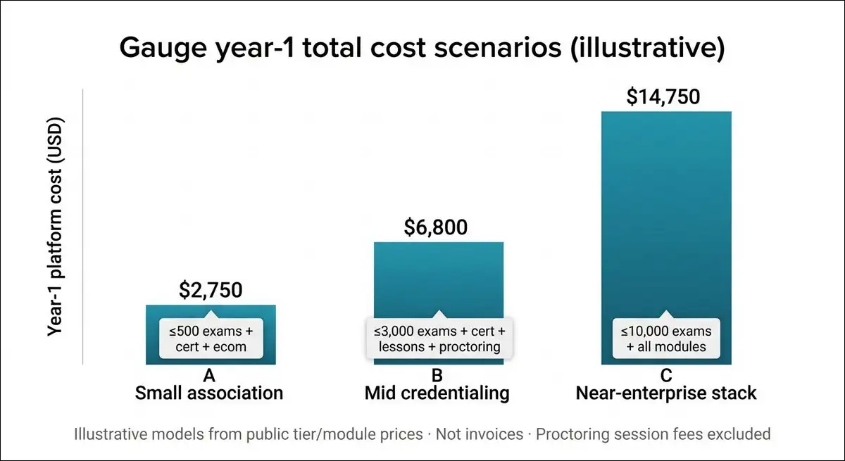 Gauge by Test.com year-one total cost scenarios for small mid and large programs