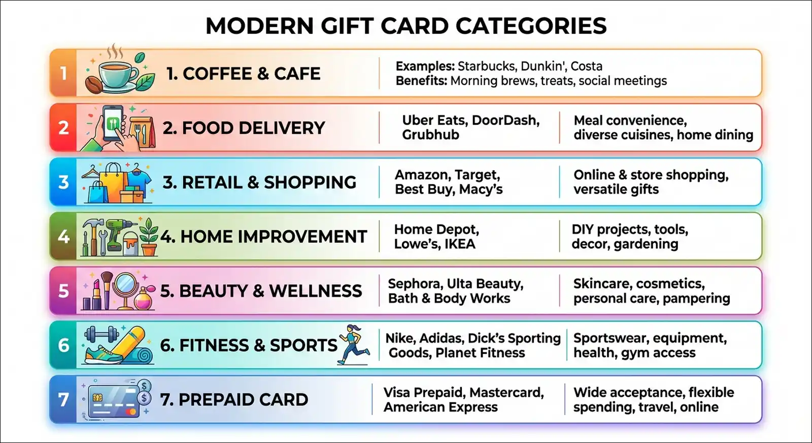Seven most redeemed gift card categories on Giftogram in 2026 with example brands