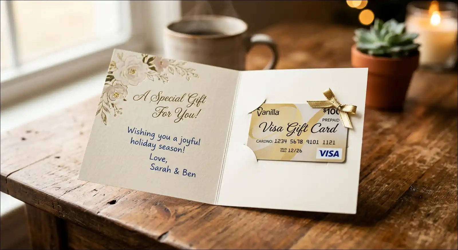 Giftogram branded physical prepaid card inside a custom greeting card
