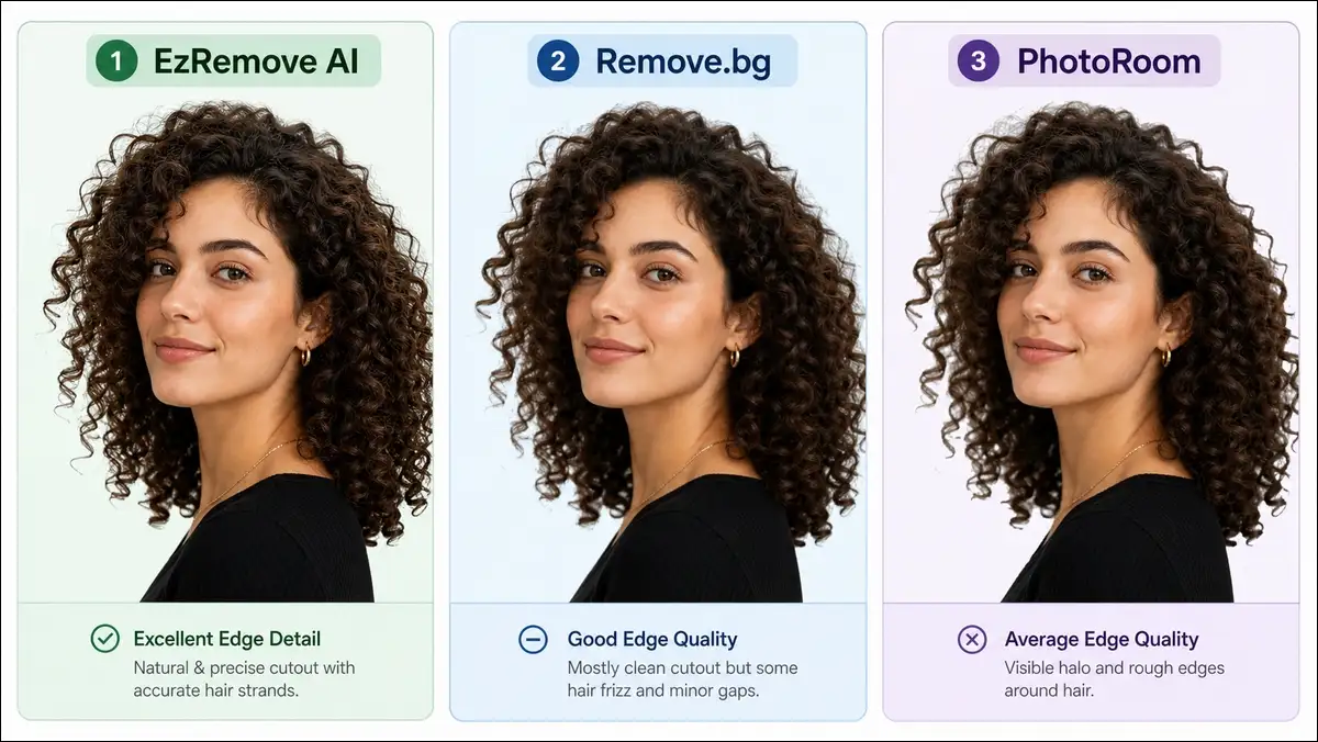 EzRemove AI versus Remove.bg versus PhotoRoom hair edge comparison
