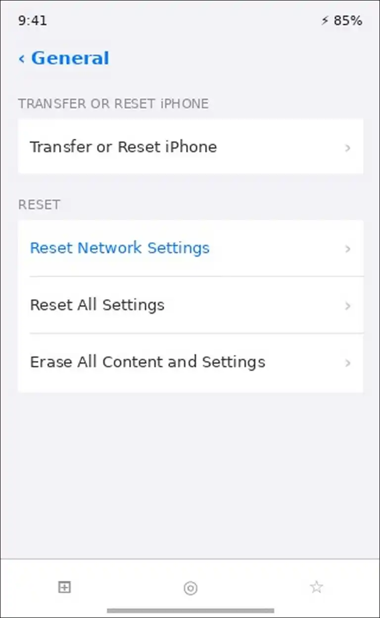 iOS Reset Network Settings option to fix ERR_CONNECTION_RESET on iPhone
