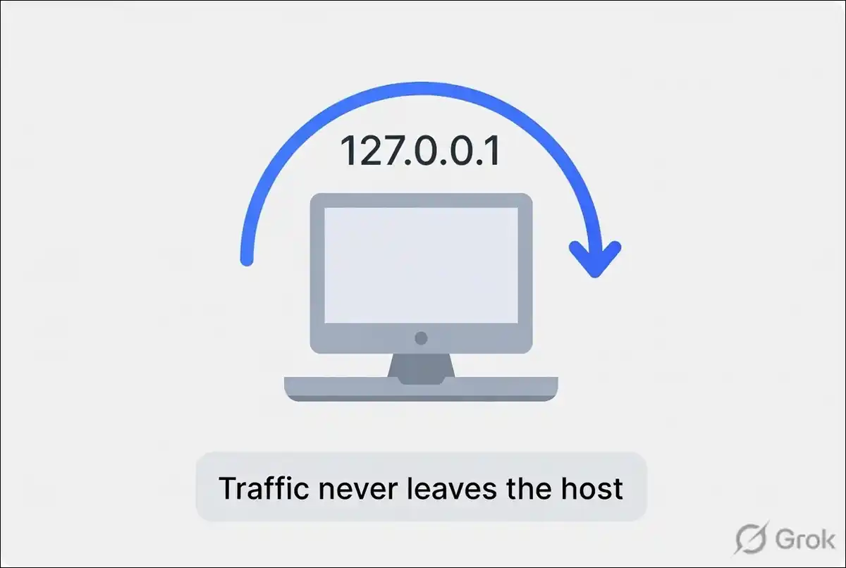 Diagram of localhost loopback traffic on 127.0.0.1 showing traffic never leaves the host