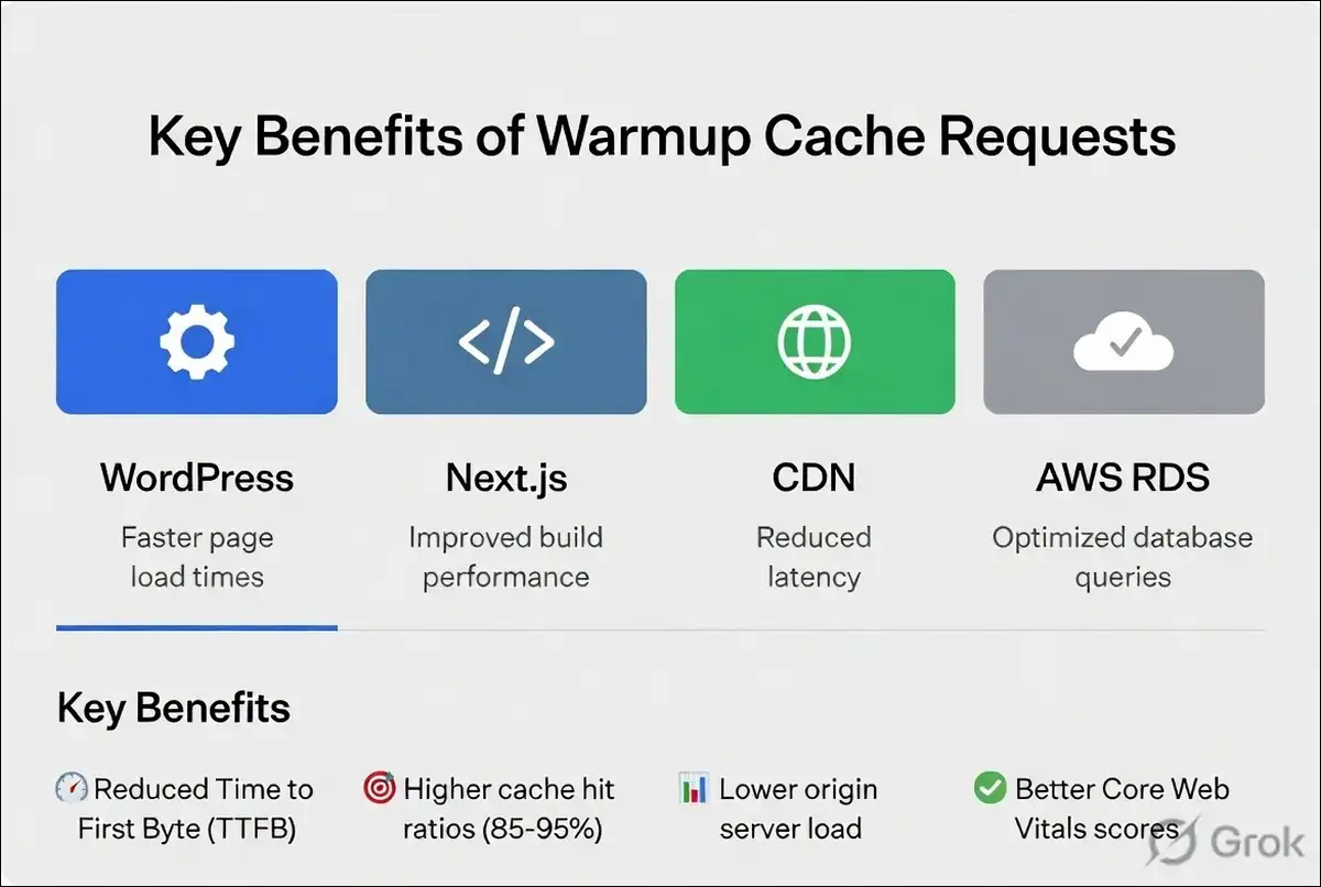 Summary graphic for WordPress, Next.js, CDN, and AWS RDS plus the main benefits of warmup cache requests.