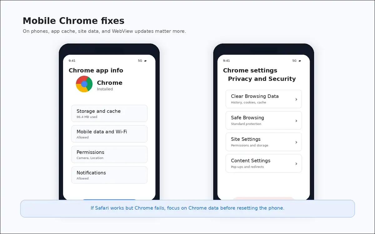 Android and iPhone Chrome settings screens for clearing cache and browsing data