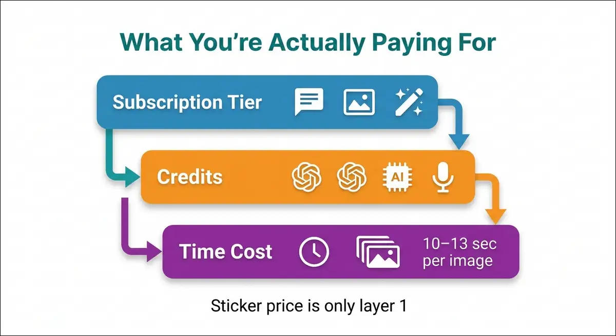 Diagram of Nectar AI cost layers: subscription, credits, and time cost