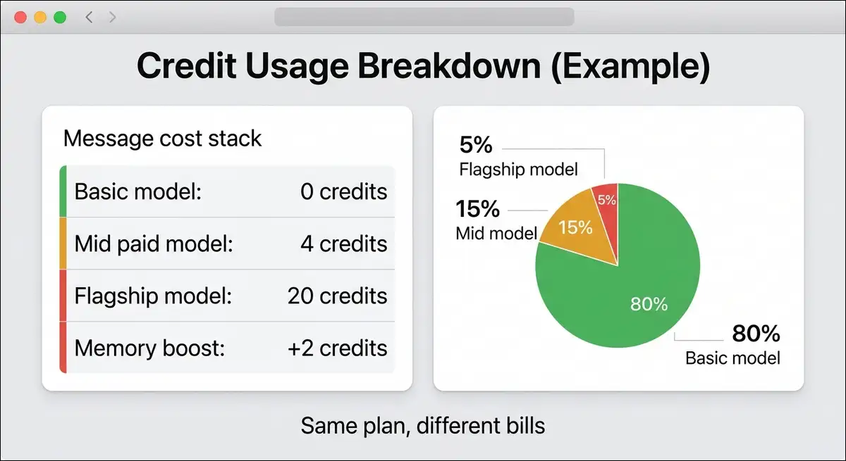 Example Nectar AI credit usage breakdown by chat model and memory toggle