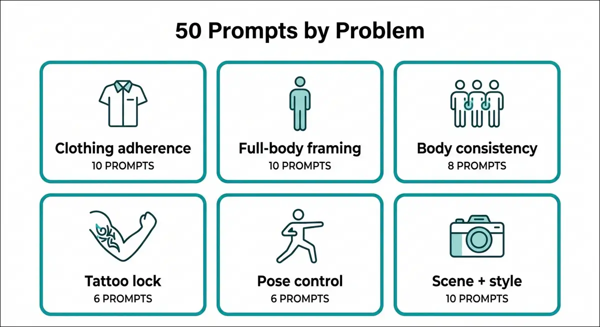Grid preview of Nectar AI prompt pack categories for clothing, body tattoos, and pose