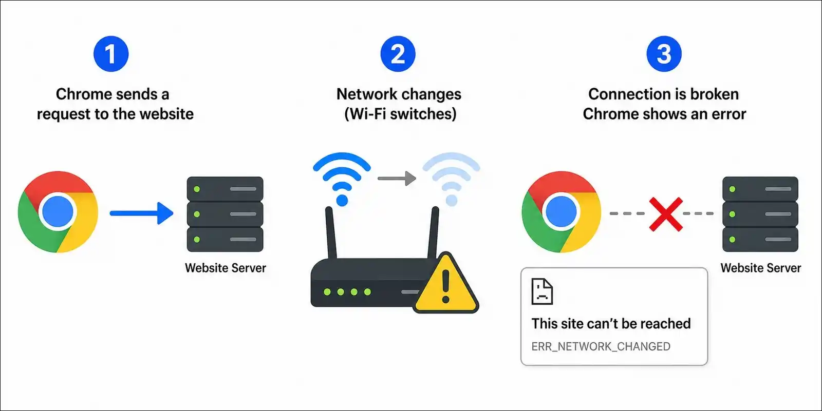 Diagram illustrating how ERR_NETWORK_CHANGED occurs when network configuration changes during active Chrome connection