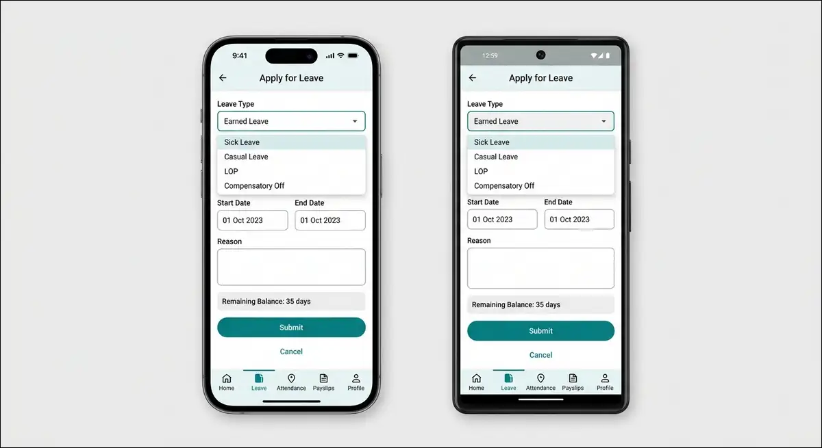 NLET HRMS mobile app leave application screen on Android and iOS