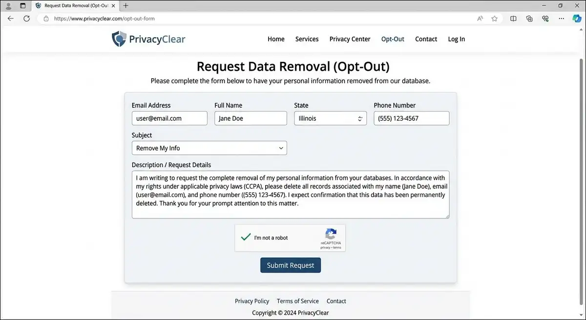 Completed NumLookup opt out form showing email, name, state, phone number, subject, and description fields.