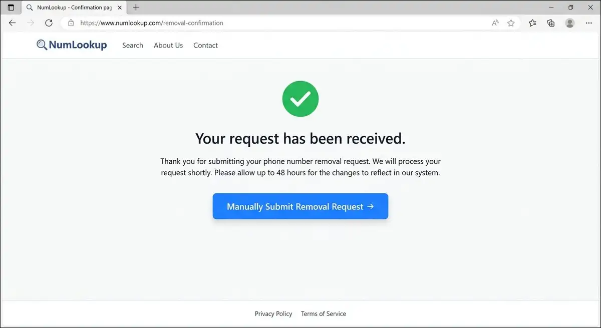 NumLookup manual removal request button that appears after the initial phone number submission.