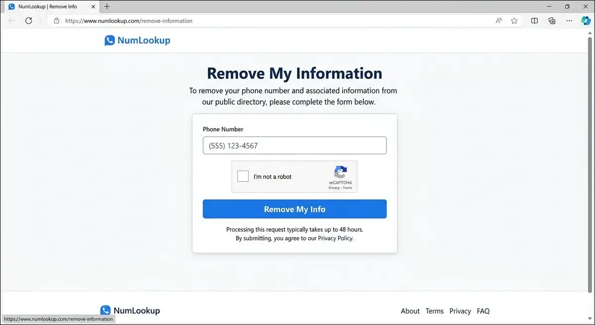 NumLookup opt out form with phone number entered and Remove My Info button highlighted.