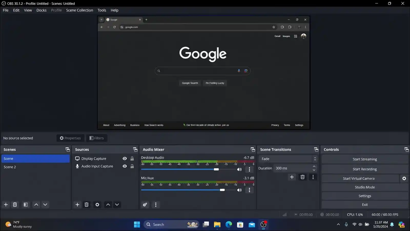 OBS Studio audio mixer interface showing desktop audio and microphone channels enabled for simultaneous recording.