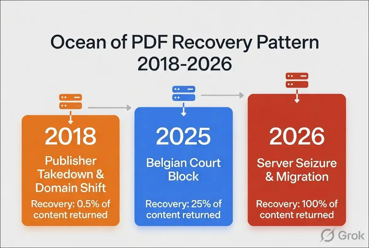 Historical recovery pattern of Ocean of PDF after legal actions 2018 to 2026