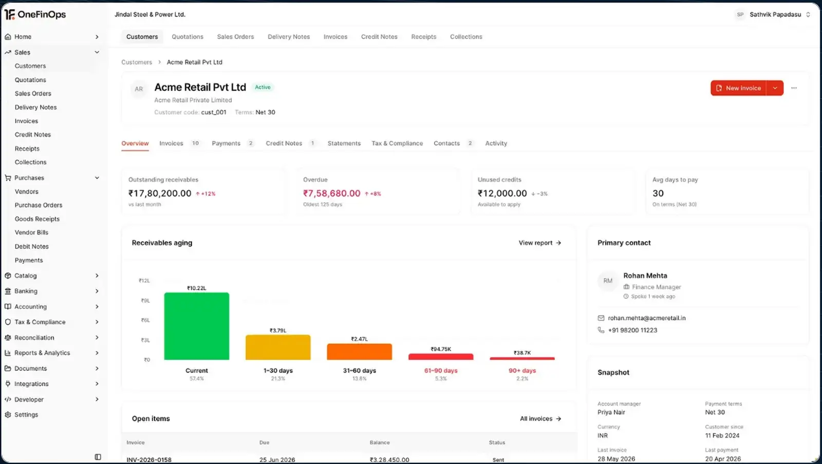 OneFinOps accounts receivable workflow from quote and credit check through invoice, payment, and bank reconciliation