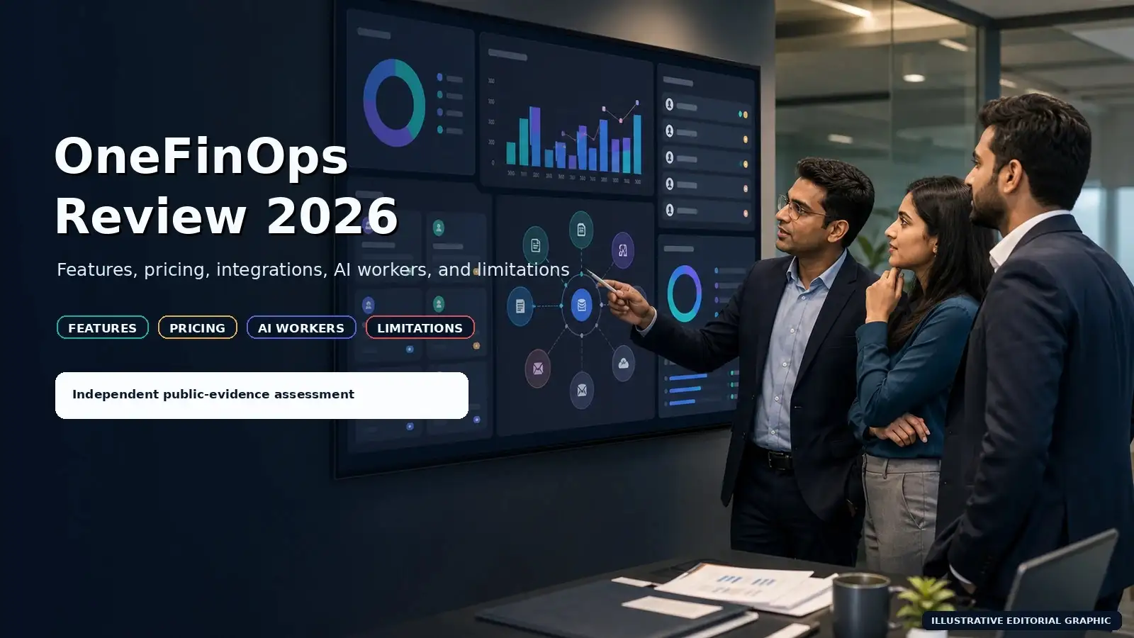 Finance team reviewing OneFinOps features, pricing, integrations, AI workers, and limitations in 2026