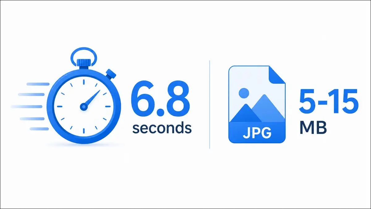 EzRemove AI processing benchmark showing 6.8 second average for 5 to 15 megabyte images.