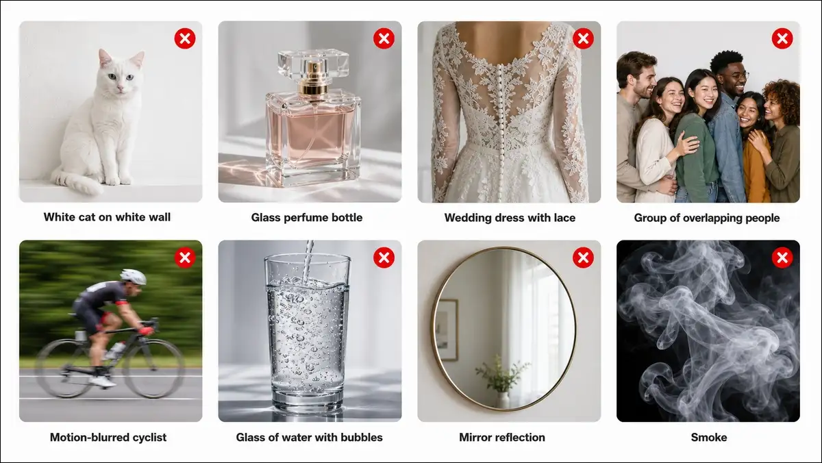 Seven photos that EzRemove AI failed to remove background from: white cat, perfume bottle, lace dress, group photo, cyclist, water glass, mirror