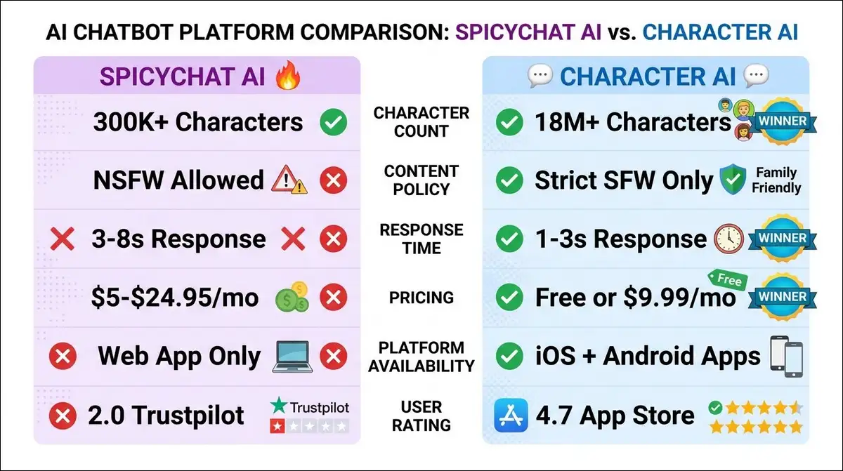 Feature comparison infographic showing SpicyChat AI with 300K plus characters and NSFW allowed versus Character AI with 18M plus characters and strict SFW policy across six categories