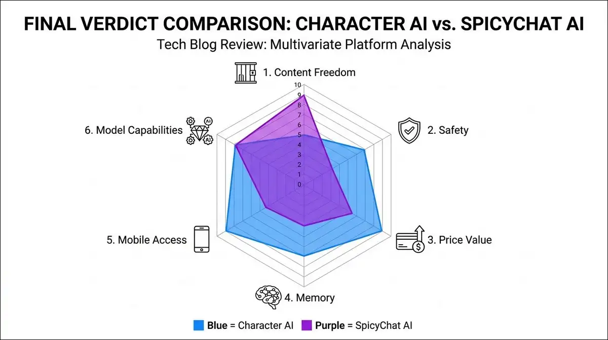 Radar chart comparing Character AI in blue and SpicyChat AI in purple across six dimensions including content freedom, safety, price value, memory, mobile access, and model capabilities
