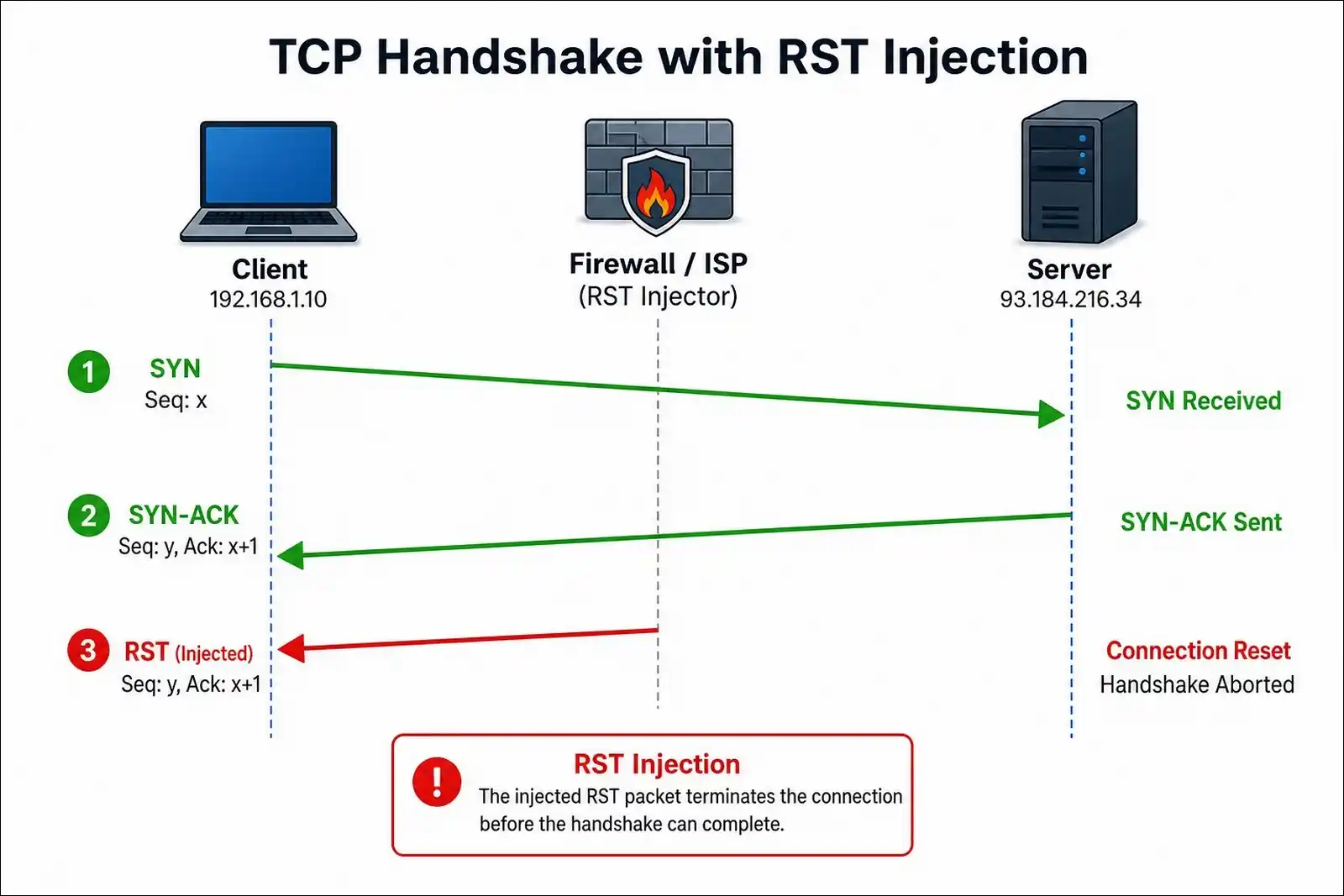 TCP handshake diagram showing how ERR_CONNECTION_RESET occurs when a RST packet terminates the connection
