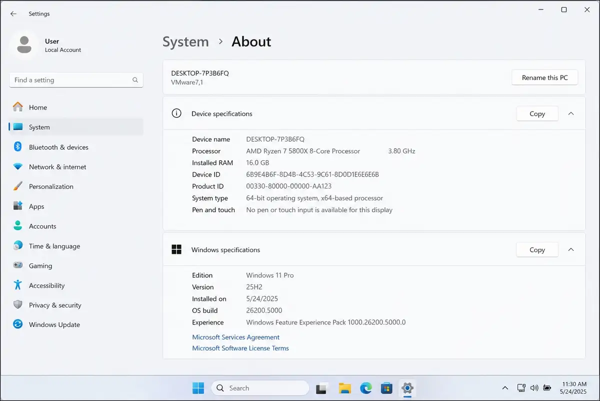 Windows 11 Settings showing version a25H2 build number after Assistant repair