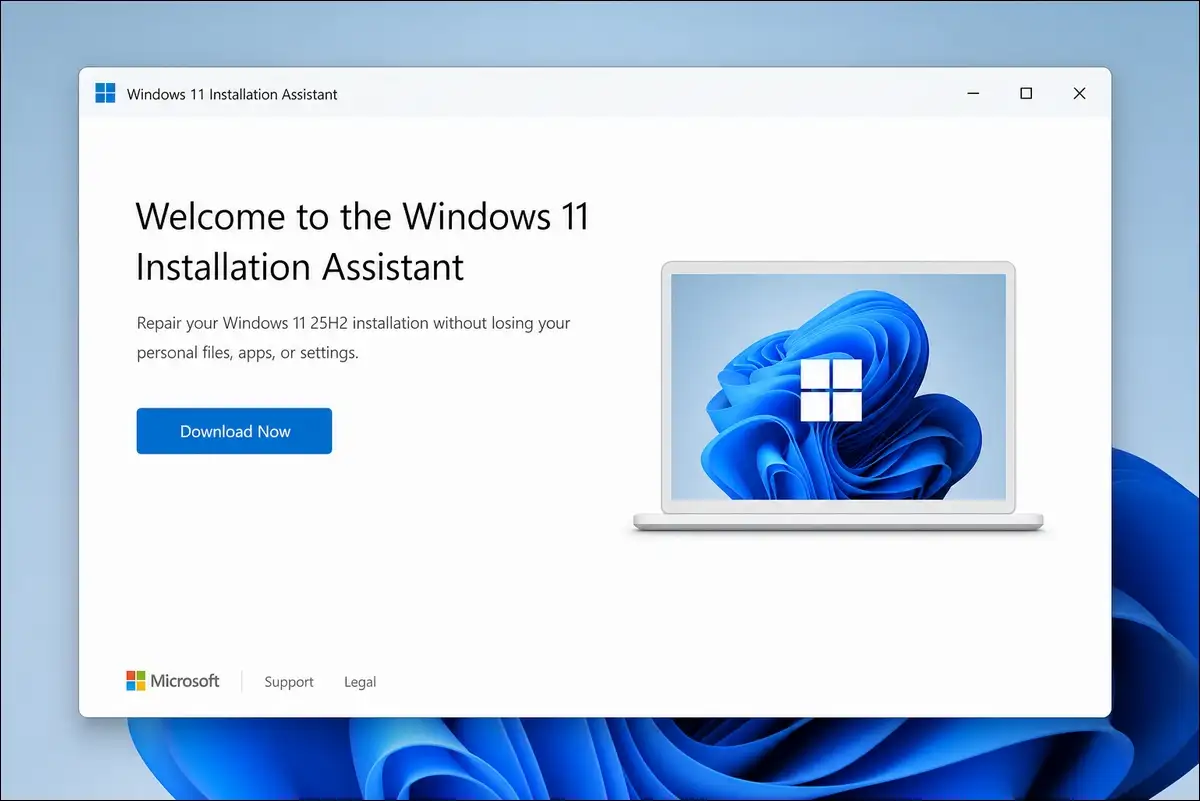 Windows 11 Installation Assistant screen for repairing Windows 11 25H2 without losing files