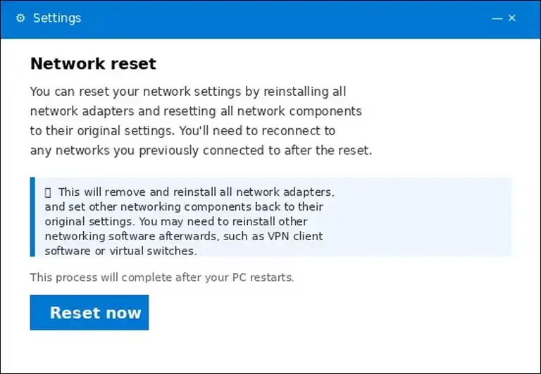 Windows 11 Network Reset option in Settings to fix persistent ERR_CONNECTION_RESET errors