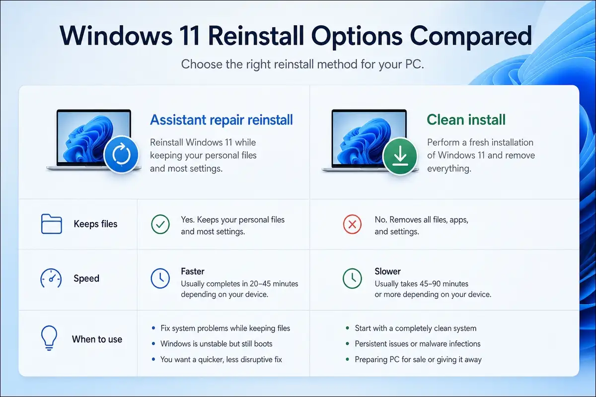 Comparison of Windows 11 Assistant repair reinstall versus clean install keeping files