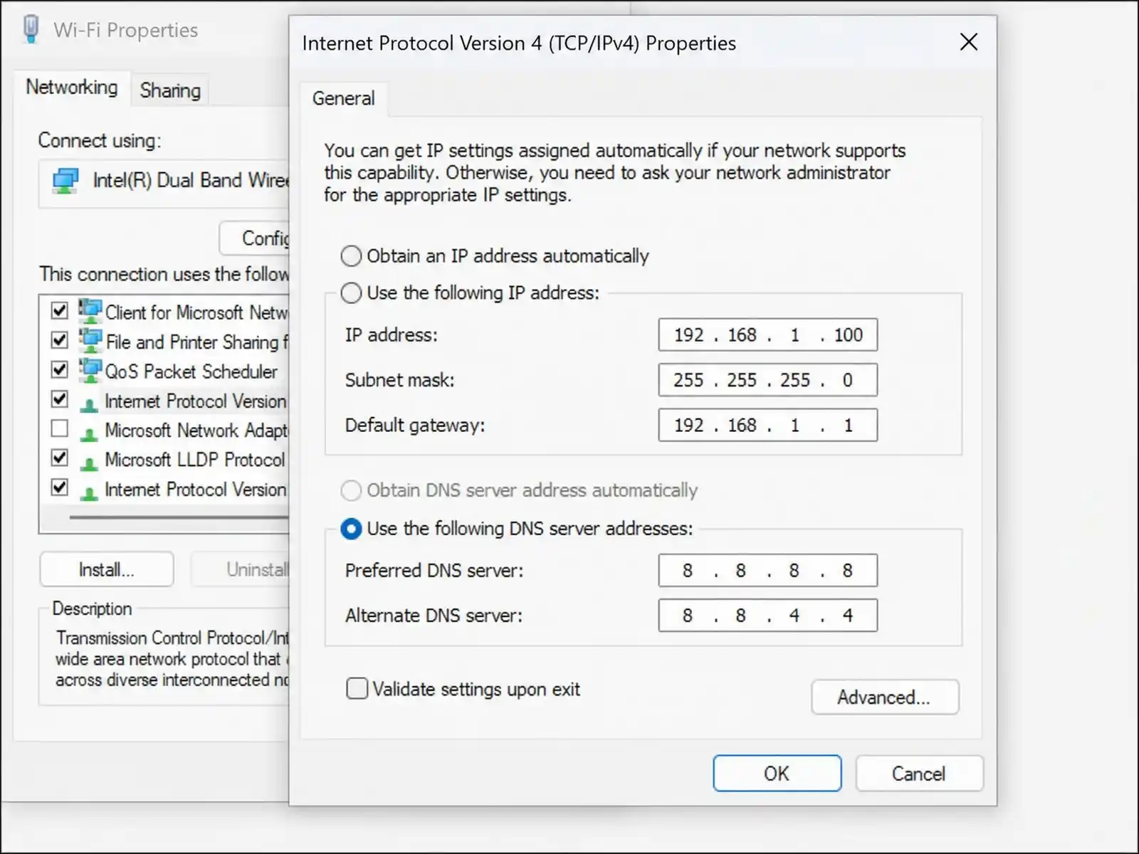 Windows network settings with Google DNS server addresses 8.8.8.8 and 8.8.4.4 configured