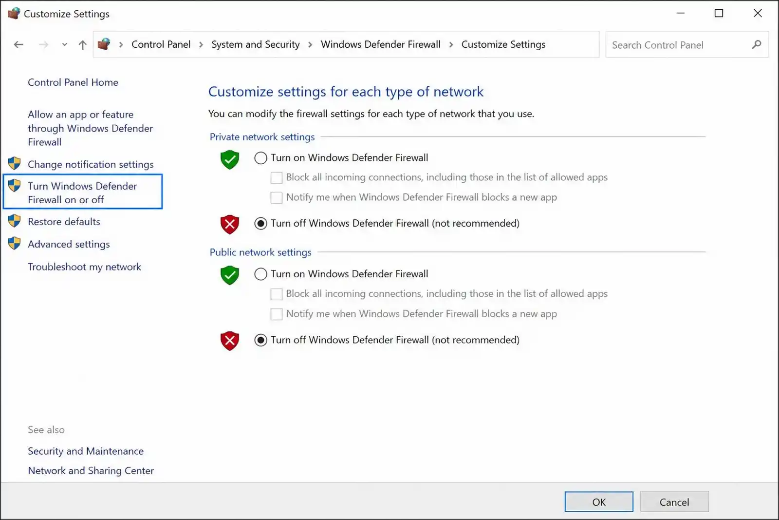 Windows Defender Firewall settings showing option to turn off firewall to test ERR_CONNECTION_RESET