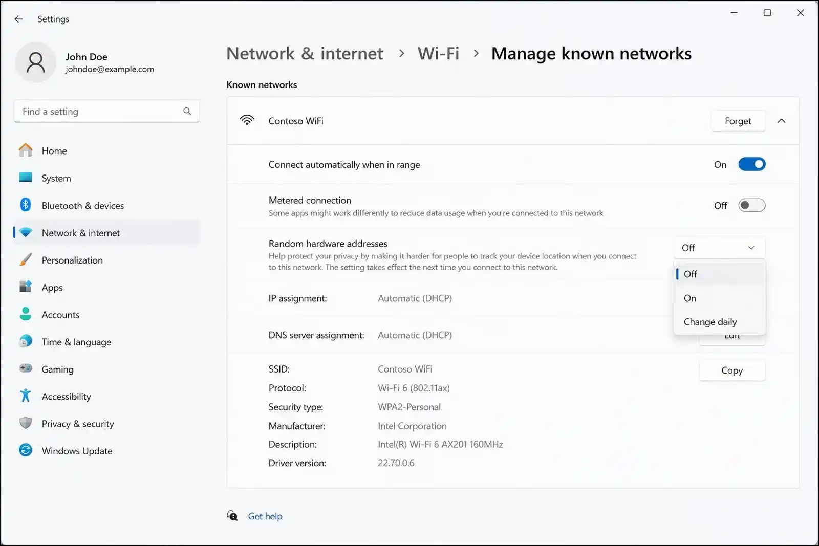 Windows Wi-Fi settings showing Random hardware address option to disable MAC randomization