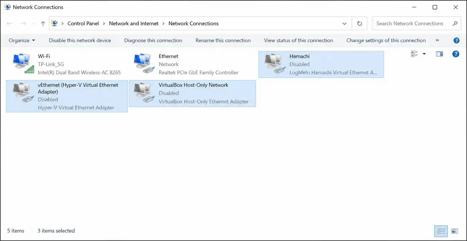 Windows Network Connections showing virtual network adapters that can cause ERR_NETWORK_CHANGED