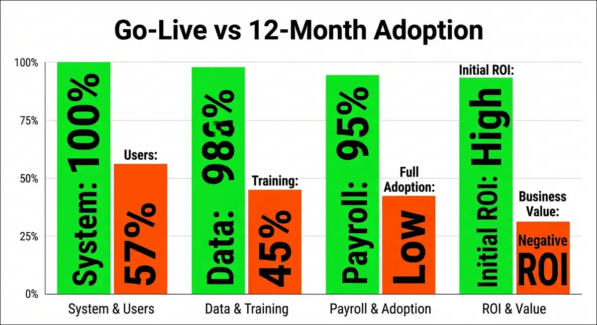 Bar chart comparing Workday go-live success rates of 95-100% versus 12-month adoption rates of only 45-57% showing the gap between technical success and user independence based on Denver audit data