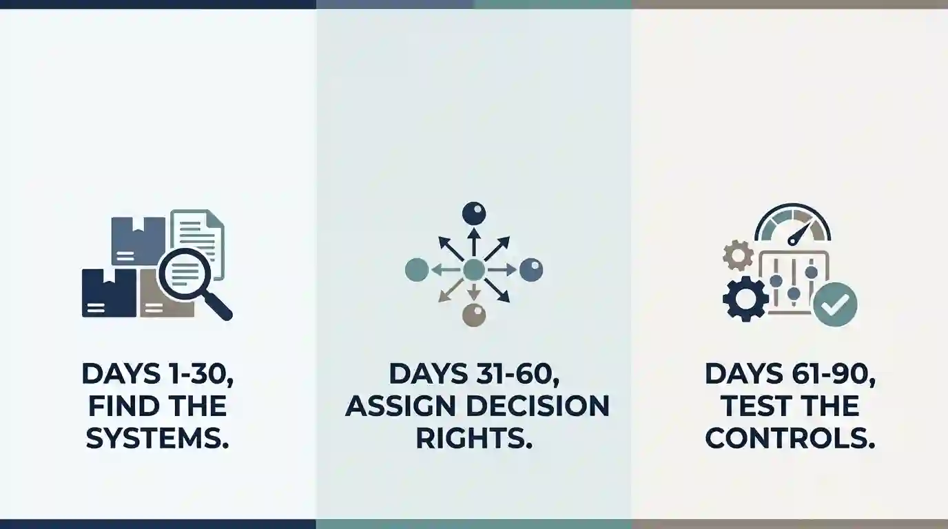 90-day AI governance roadmap for finding systems, assigning decision rights, and testing controls.