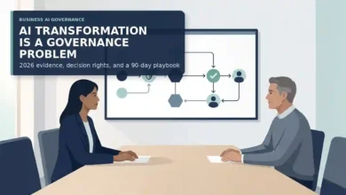 AI Transformation Is a Governance Problem hero graphic showing business leaders reviewing an AI governance diagram.