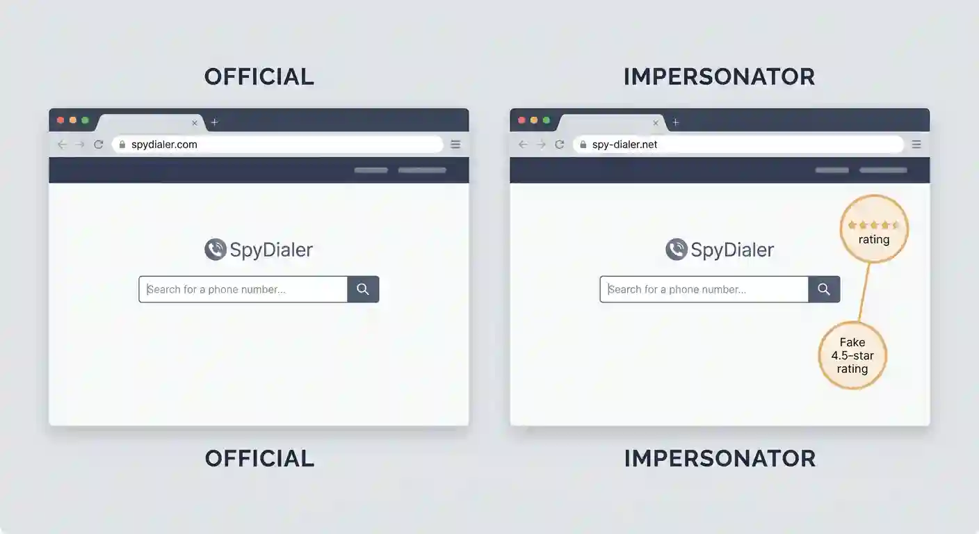 Side-by-side comparison of the official SpyDialer domain and an impostor domain, with a fabricated 4.5-star rating circled on the impostor site.