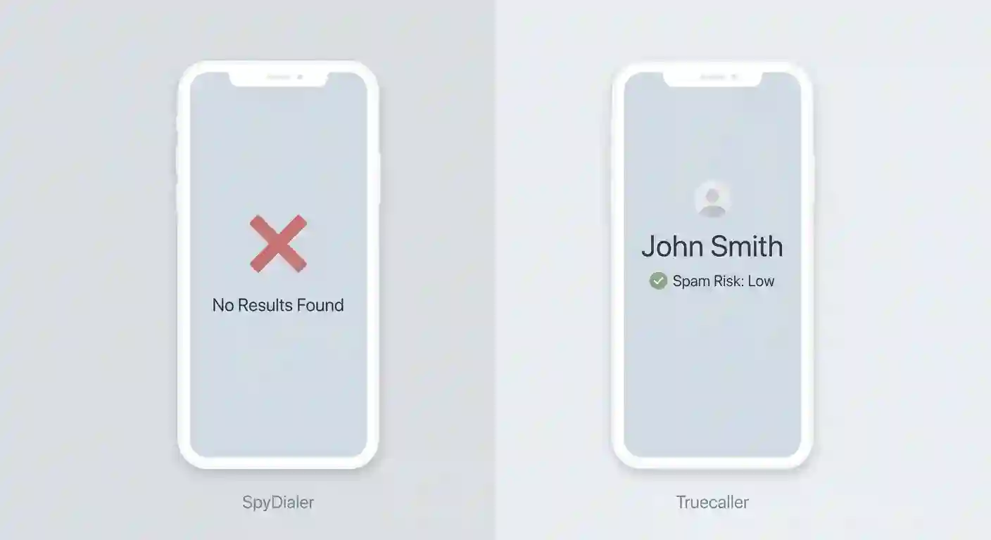 Side-by-side comparison of SpyDialer blocked results versus Truecaller showing caller name